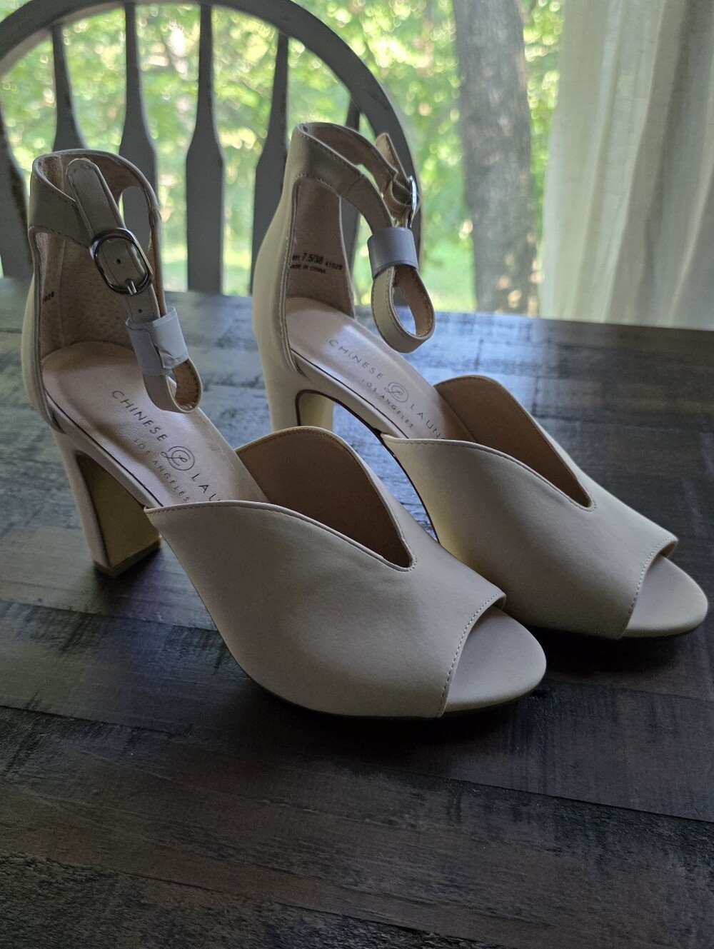 Chinese Laundry Cream Open-Toe Ankle-Strap Block Heels